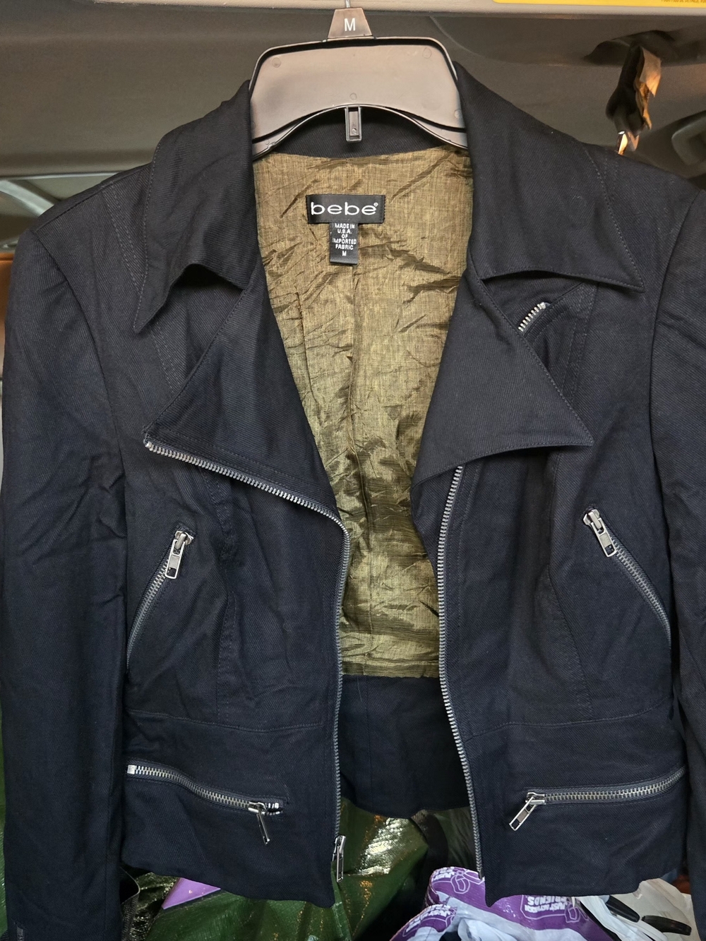 bebe Black Moto-Style Zip Jacket with Olive Lining